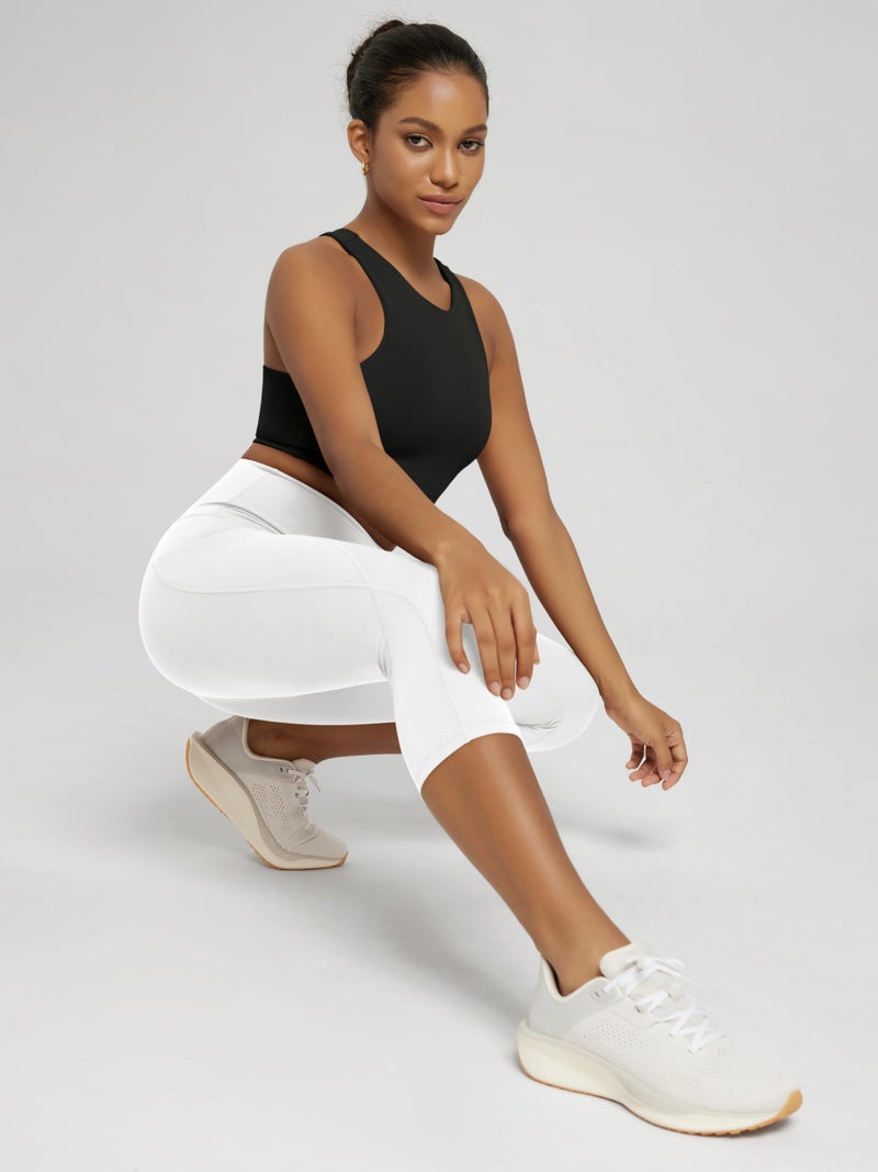 ODODOS Women's High Waisted Yoga Capris with Pockets,Tummy Control Non See Through Workout Sports Running Capri Leggings, White,Medium - Image 2